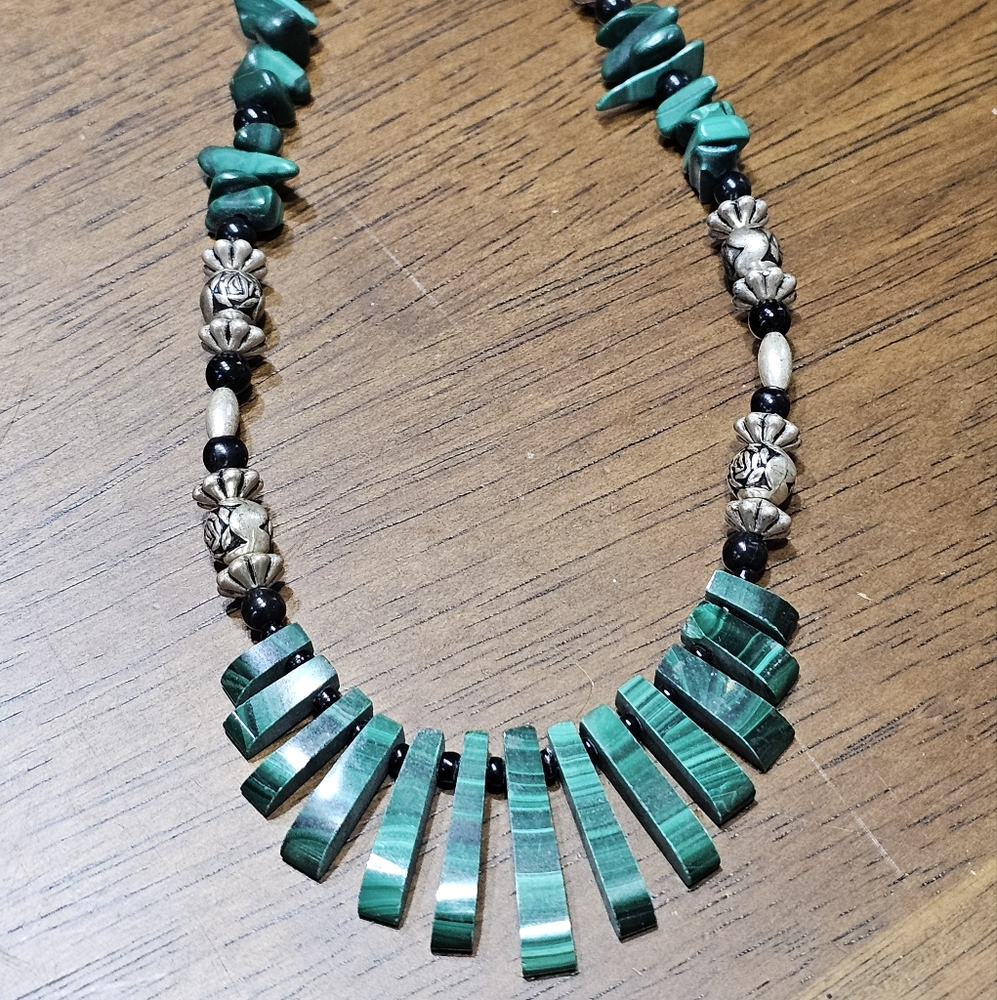 Malachite Necklace with Onyx, Glass, and Silver Beads - Picture 2 of 15